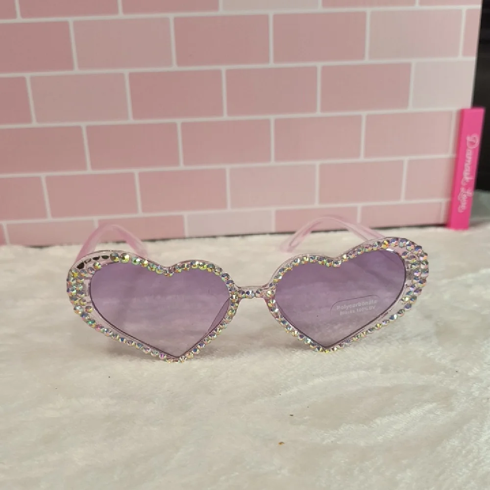 Heart-Shaped Purple Sunglasses with Rhinestones With Plastic Case, New